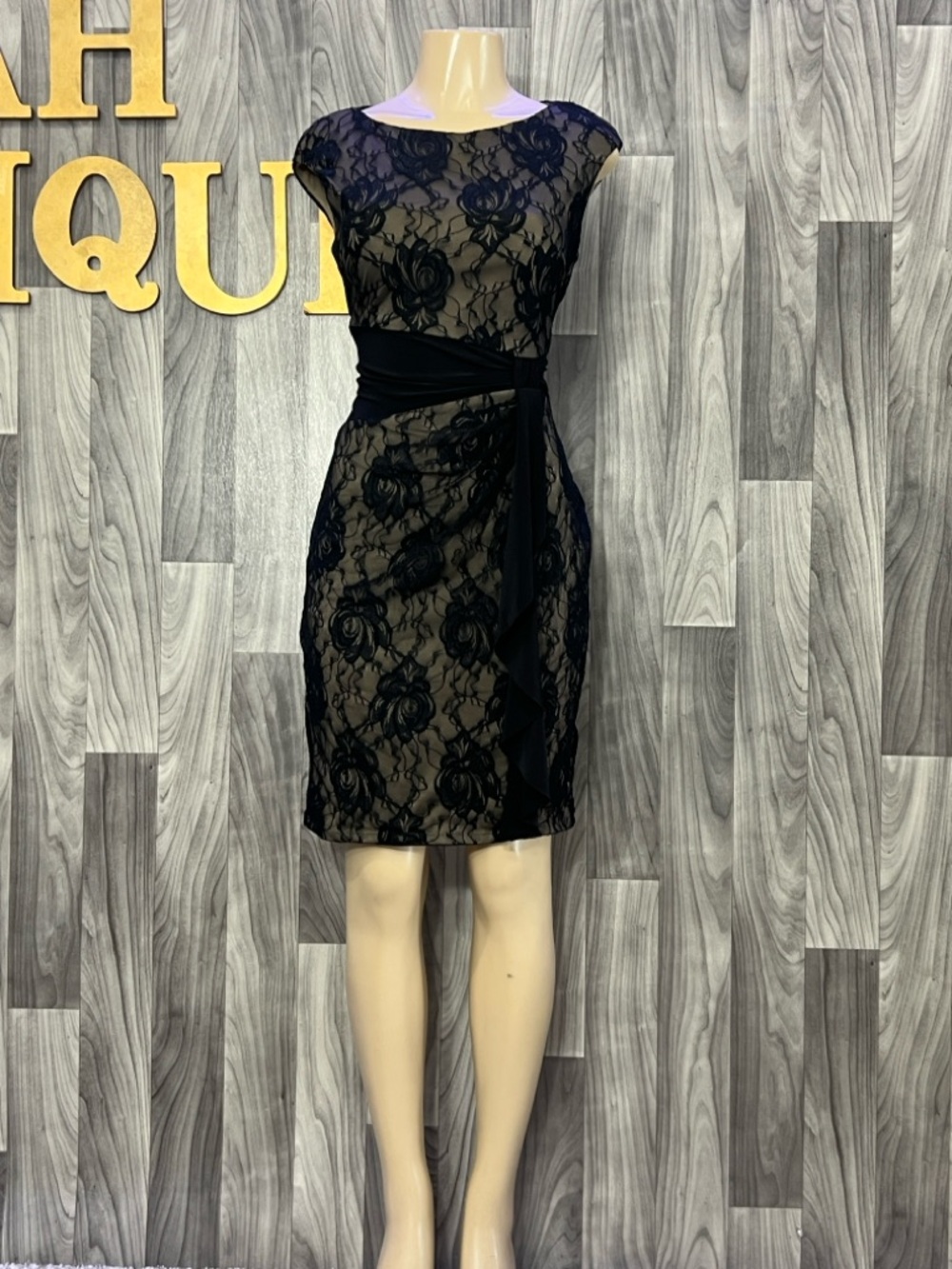 Chaps Black Lace Midi Dress with Taupe Lining
